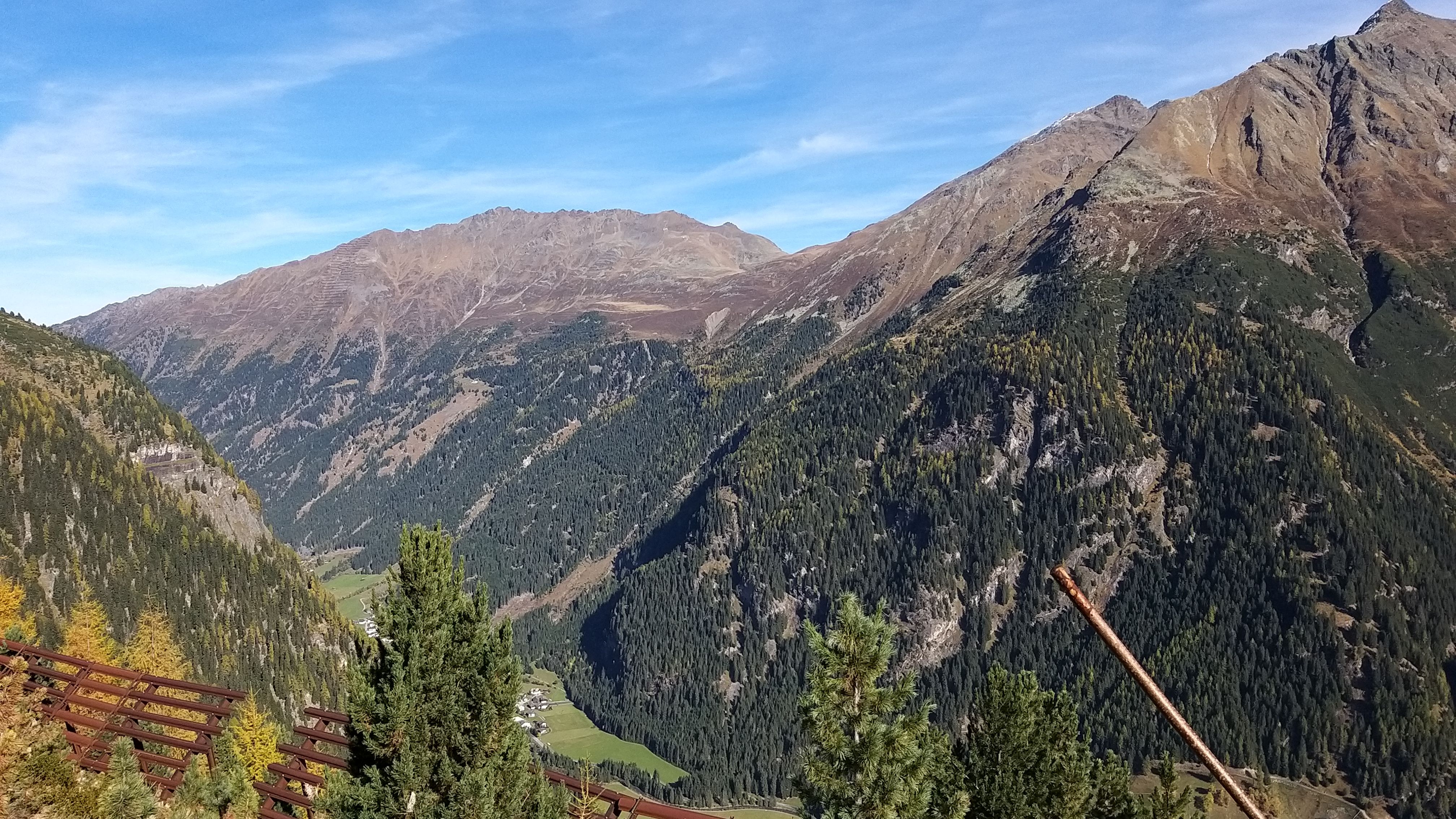 Blick auf Berge mit Schutzwald, im Vordergrund eine Lawinenverbauung