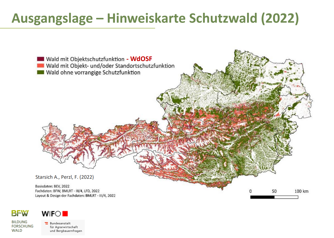 Grafische Darstellung der Österreich-Karte mit eingezeichneten Schutzwald-Zonen