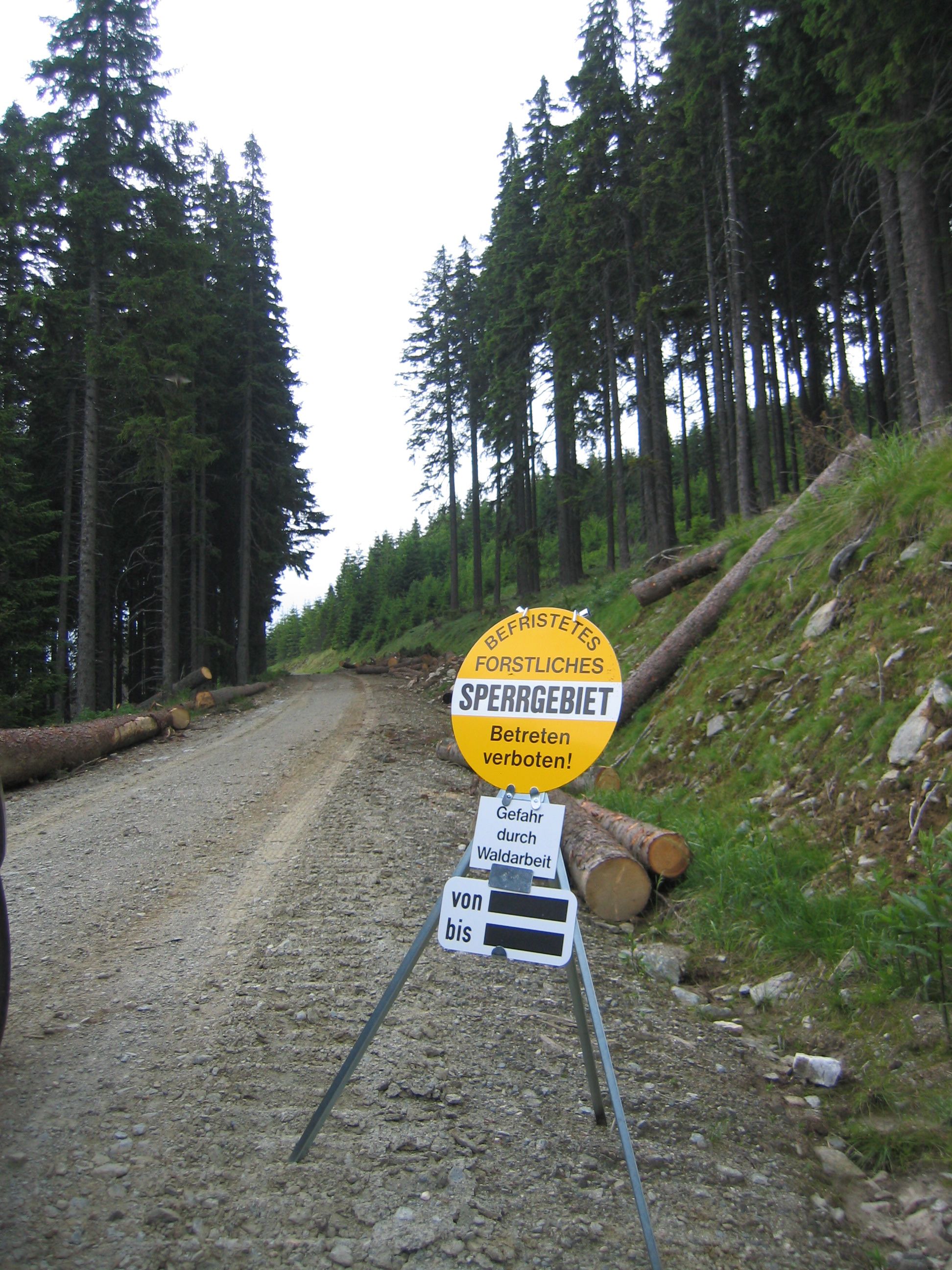 Bild einer Tafel mit dem ein befristetes Betreten des Waldes aufgestellt ist, Gefahr durch Waldarbeit.