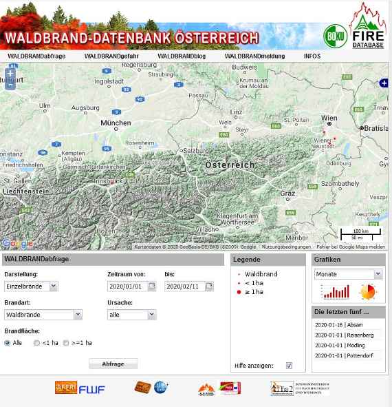 Waldbranddatenbank in Österreich