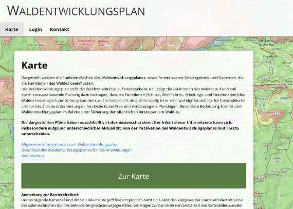 Die Abbildung zeigt die Startseite der Homepage www.waldentwicklungsplan.at