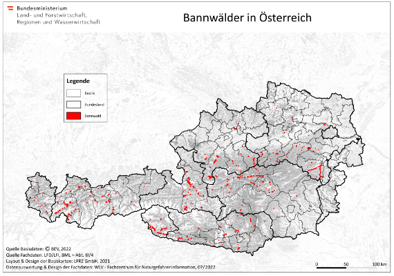 Kartendarstellung der Bannwälder in Österreich