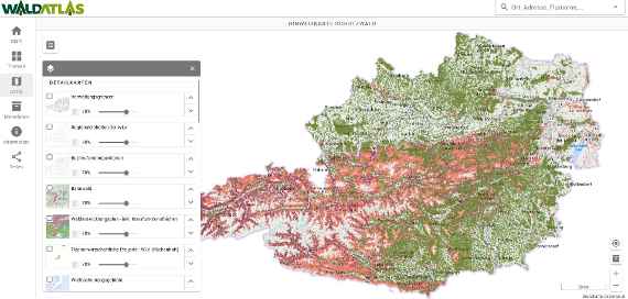 Geodatenplattform WALDATLAS - Hinweiskarte Schutzwald in Österreich mit Auswahl von GIS Überlagerungen