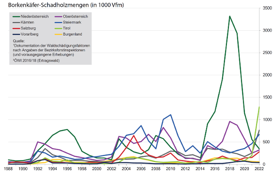 Borkenkäferschadholzmengen in Vorratsfestmeter