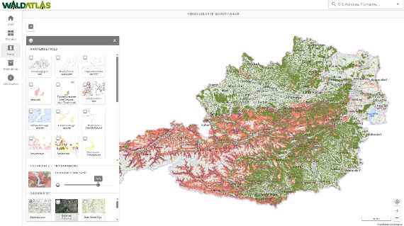 Geodatenplattform WALDATLAS - Hinweiskarte Schutzwald in Österreich mit Auswahl von GIS Ü