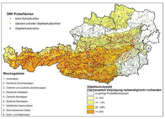 Hauptwuchsgebiete mit den ÖWI Probeflächen nach Schutzfunktion und dem, je Wuchsgebiet, durchschnittlichen Anteil an Probeflächen mit notwendiger aber fehlender Verjüngung.