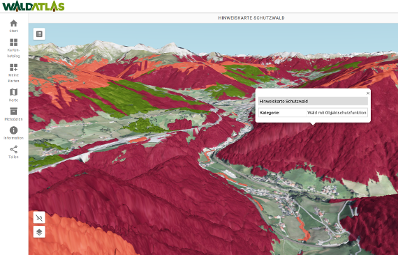 WALDATLAS mit der Fachkarte "Hinweiskarte Schutzwald" in 3D
