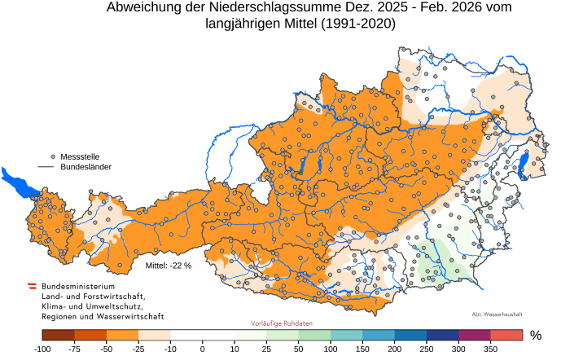 Abbildung 2: Anomalie des Niederschlags im Winter 2025/2026. Datengrundlage: Hydrographie Österreich