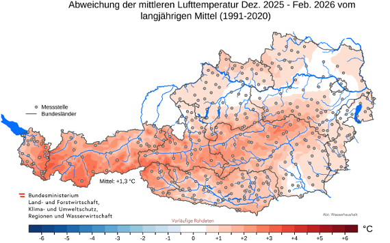 Abbildung 1: Anomalie der Lufttemperatur im Winter 2025/2026; Datengrundlage: Hydrographie Österreich