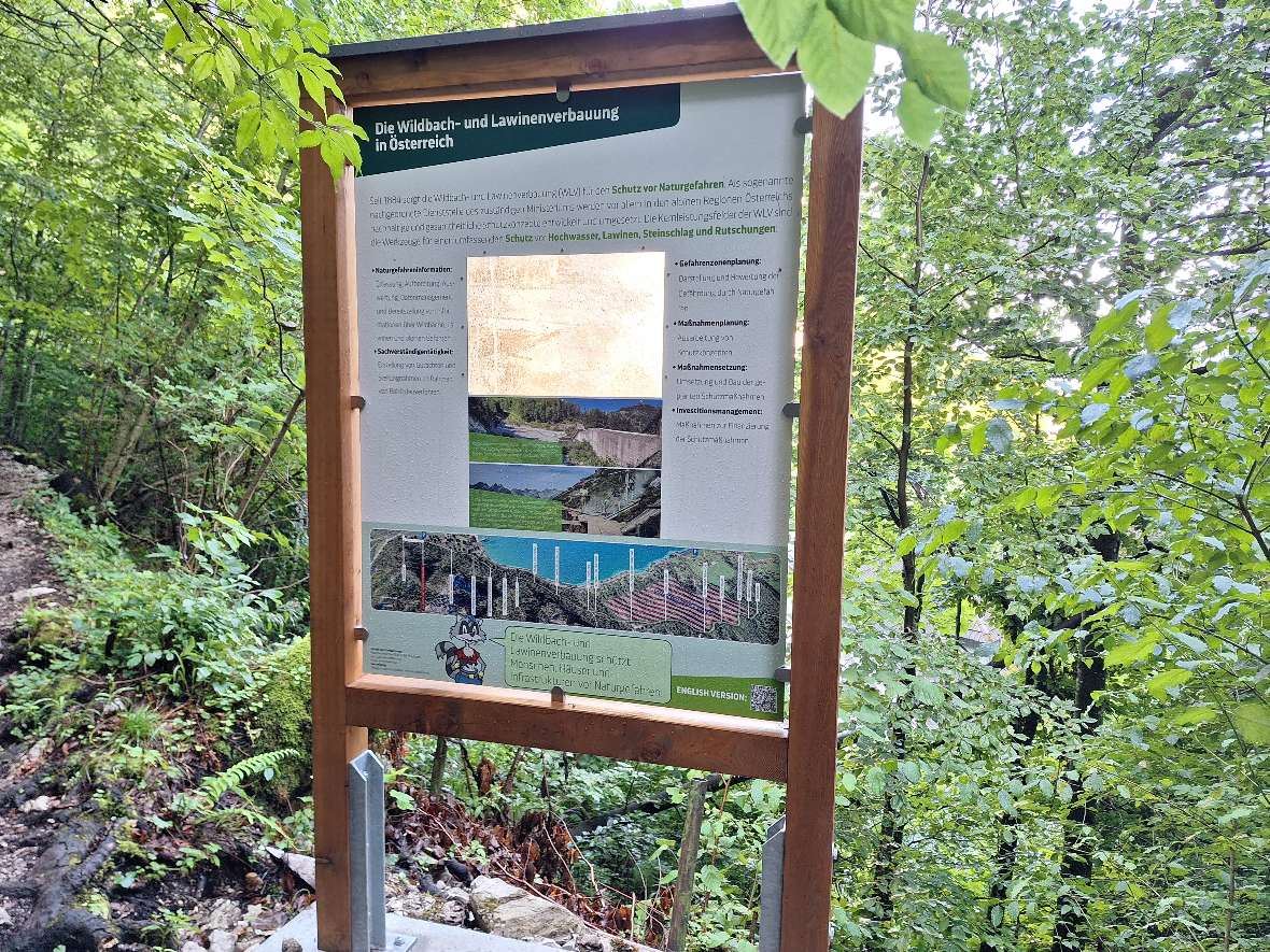 Schutzwald-Lehrpfad am Nikoloweg: Die Wildbach- und Lawinenverbauung, Tafel mit Fenster