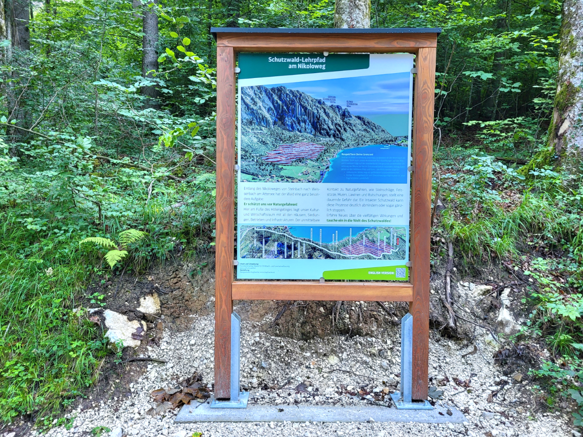 Schutzwald-Lehrpfad am Nikoloweg, Überblickstafel und Beginn des Weges von Steinbach kommend