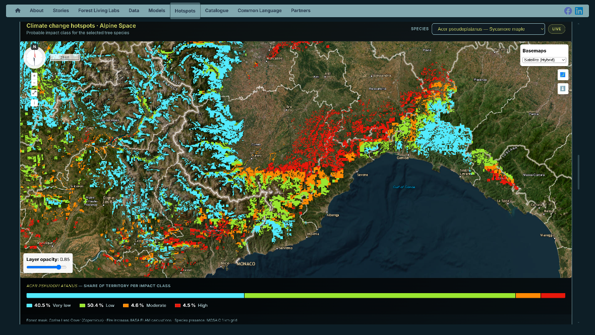 Ein zentrales Ergebnis ist der öffentlich zugängliche Alpine Climate Change WebGIS Atlas mit Karten, Daten, Modellen und Fallbeispielen. Nutzer:innen können klimabedingte Risiken räumlich erkunden und verfügbare Daten für weitere Analysen herunterladen.